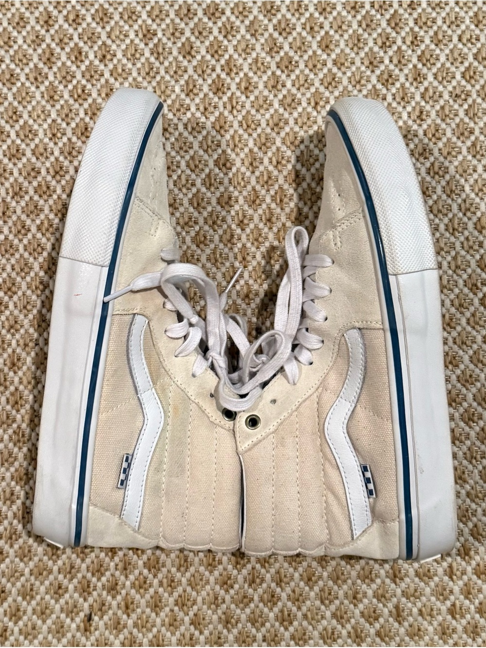 Vans Unisex High-Top Sneakers in Cream with White Stripe and Blue Trim